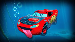 LIGHTNING MCQUEEN was pushed into the water and lost his hood. MCQUEEN's engine flooded with water!