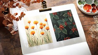 🍁 Easy Mini Gouache Painting Tutorial // Fall Leaves & Flowers