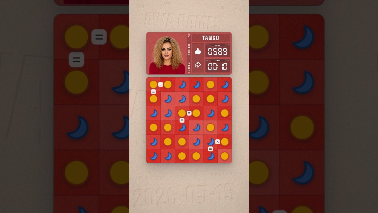 LinkedIn Tango #589 solved board for May 19, 2026, 6x6 grid