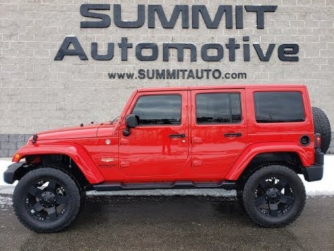 LIFTED 2015 JEEP WRANGLER UNLIMITED 4 DOOR SAHARA FIRECRACKER RED WALK  AROUND REVIEW SOLD! 10417 - YouTube