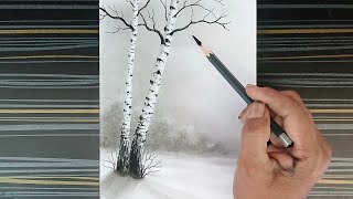 How to draw birch trees landscape for beginners.