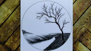 رسم سهل/رسم بالفحم/تعليم رسم منظر طبيعي خطوة بخطوة للمبتدئين تعلم رسم منظر طبيعيeasy scenery drawing