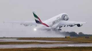 Airbus A380 Take-Off from rain soaked runway