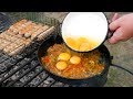 Scrambled eggs on fire. Ultimate breakfast ASMR