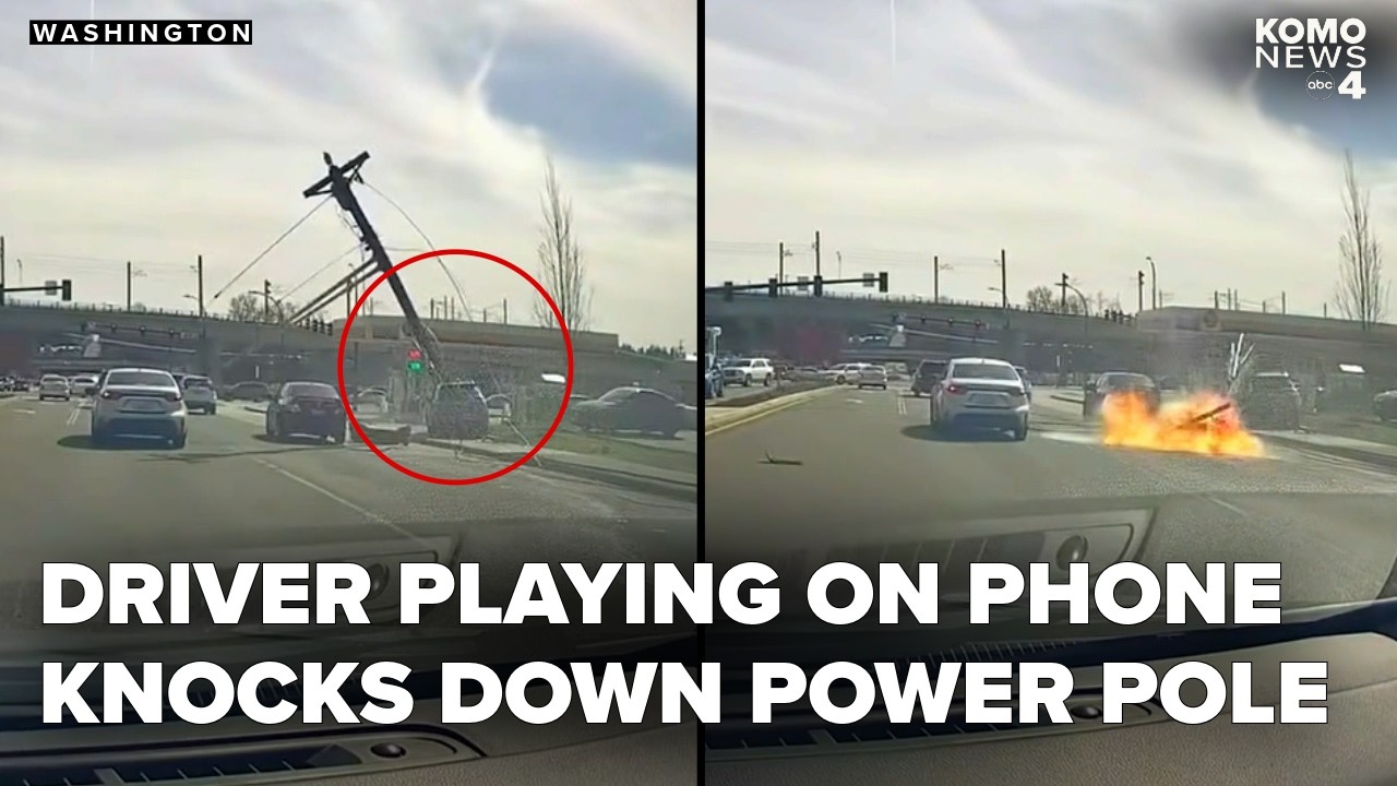 Driver on cell phone clips car, collides with power pole - bringing it ...
