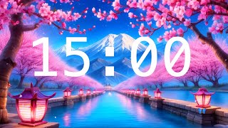15 Minute Countdown Timer with Alarm | Cherry Blossoms and a River with Lanterns | Relaxing Music