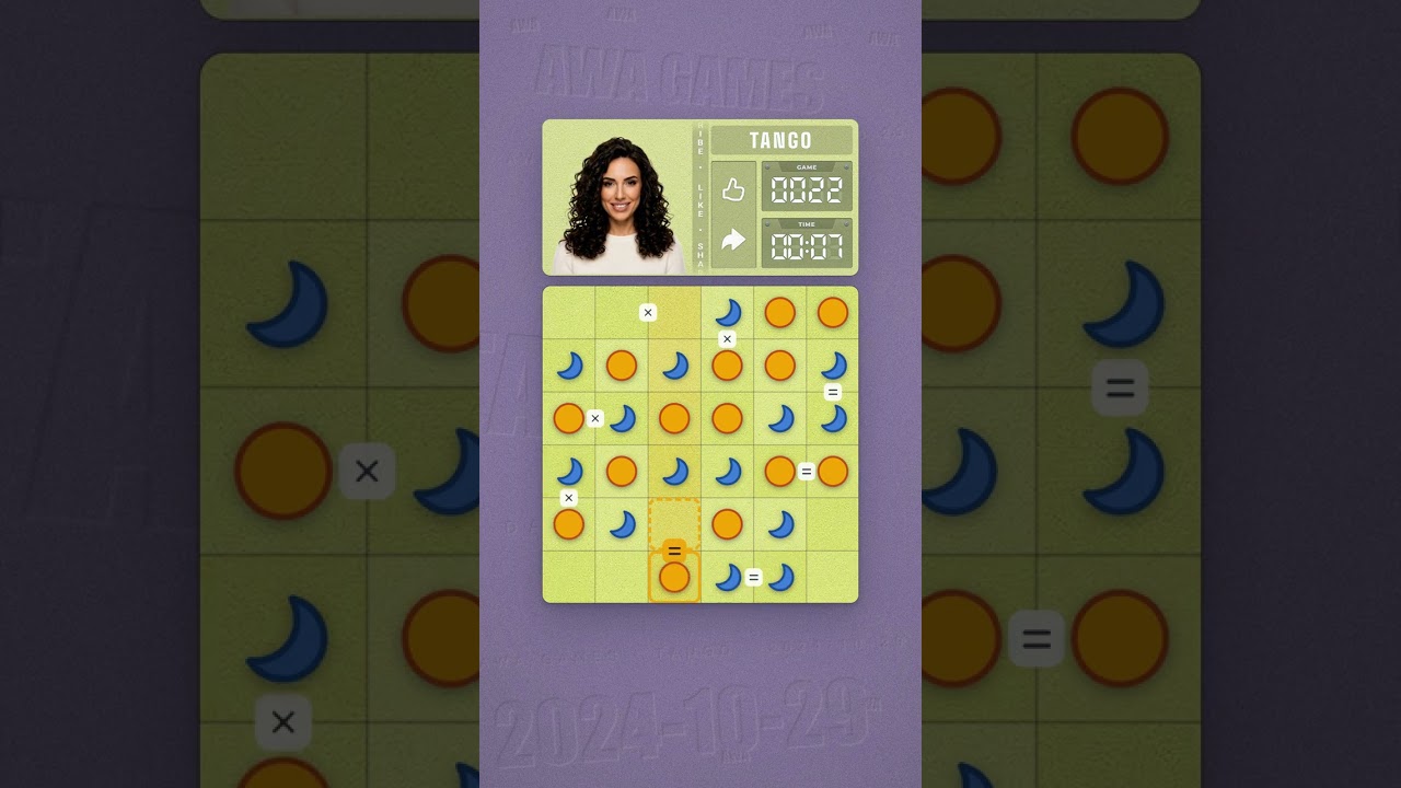 LinkedIn Tango #22 solved board for October 29, 2024, 6x6 grid