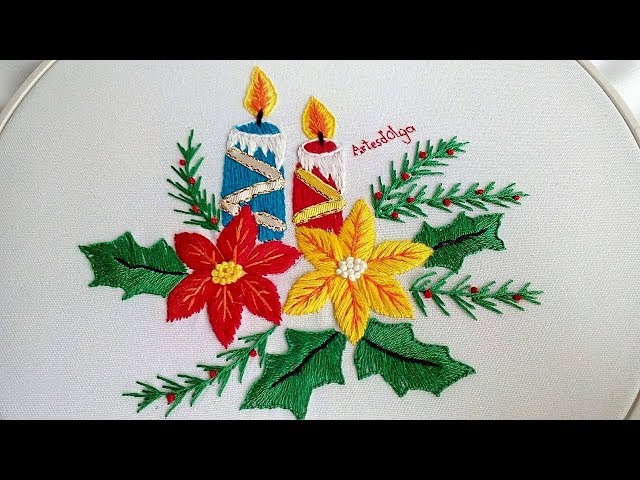 Hand Embroidery: Candles and poinsettia flowers | Bordado a mano: Velas y flores de Nochebuena