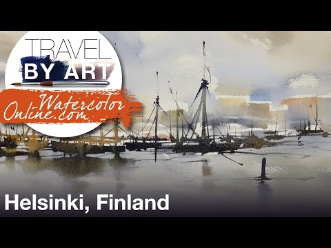#165 Travel By Art, Ep. 37: Boats in Finland, Liner Brush (Watercolor Landscape/Seascape Tutorial)