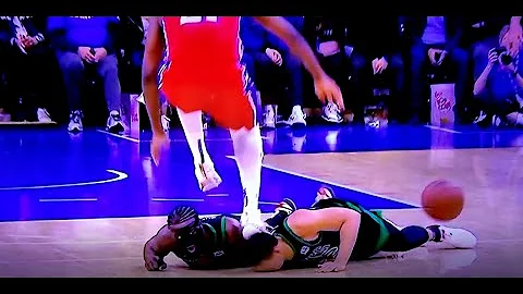 Grant Williams' head gets SMASHED against floor by Joel Embiid's foot.  Brutal bloody nose!