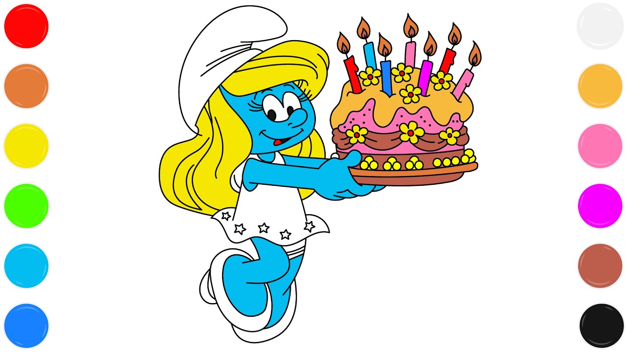 💙 Раскраска с тортом Смурфетты для детей 🎂 | Милое праздничное украшение 🎨