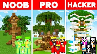 Minecraft NOOB vs PRO vs HACKER: SAFEST FAMILY TREEHOUSE BUILD CHALLENGE