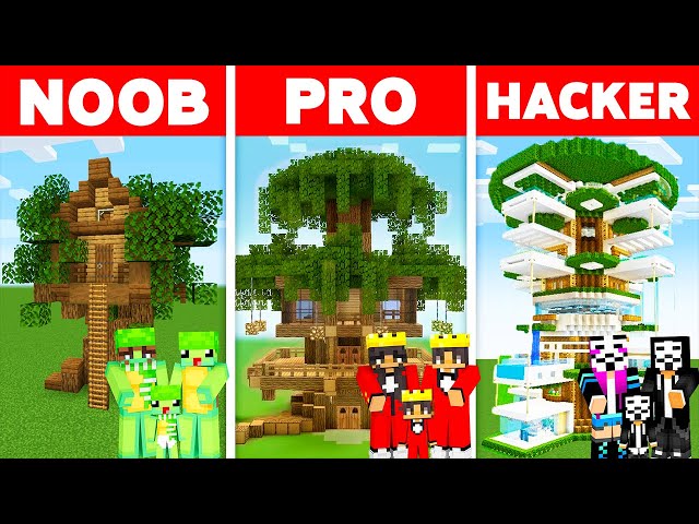 Minecraft NOOB vs PRO vs HACKER: SAFEST FAMILY TREEHOUSE BUILD CHALLENGE class=