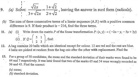 WASSCE 2022 November Further Mathematics Paper 2 Questions 9 to 13