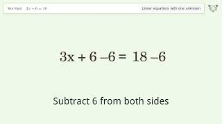 Linear equation with one unknown: Solve 3x 6=18 step-by-step solution