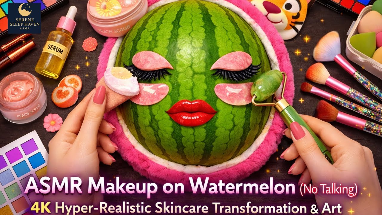 ASMR Makeup on Watermelon (No Talking) - 4K Hyper-Realistic Skincare Transformation & Art