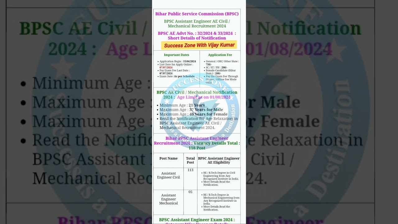 BPSC Assistant Engineer AE Civil / Mechanical Recruitment 2024 Apply Online for 118 Post