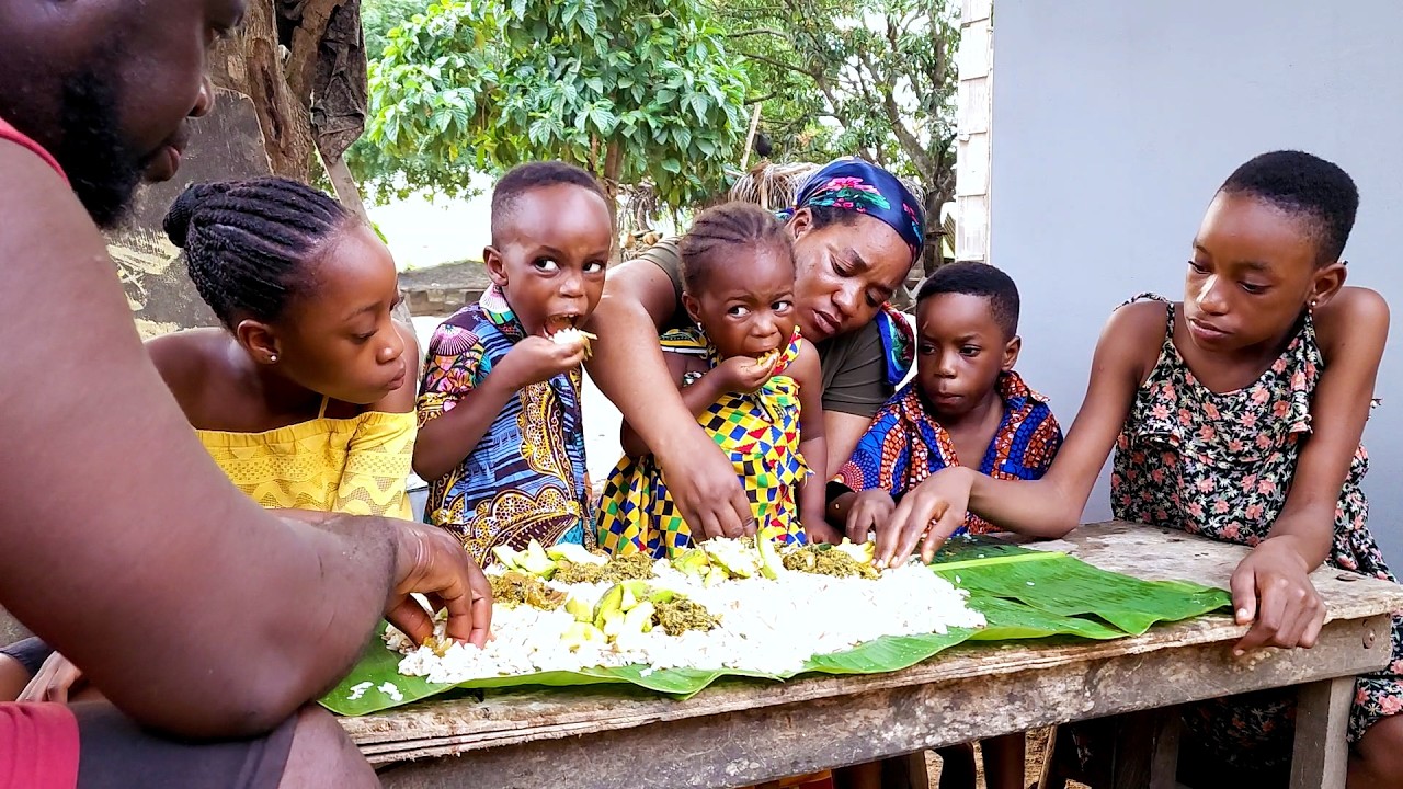 Agushie Kontomire Stew Coalpot Style Rice & Spaghetti Family Village Meal
