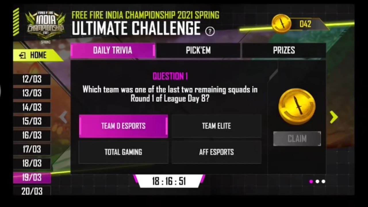 Free Fire Ultimate Challenge - Quiz Correct Answers | March 19 Daily Trivia India  