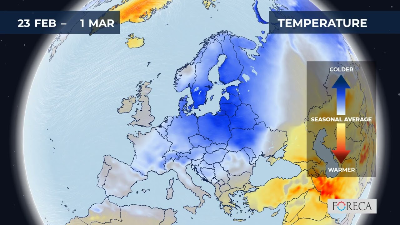 Monthly temperature forecast for Europe 13/2/2026
