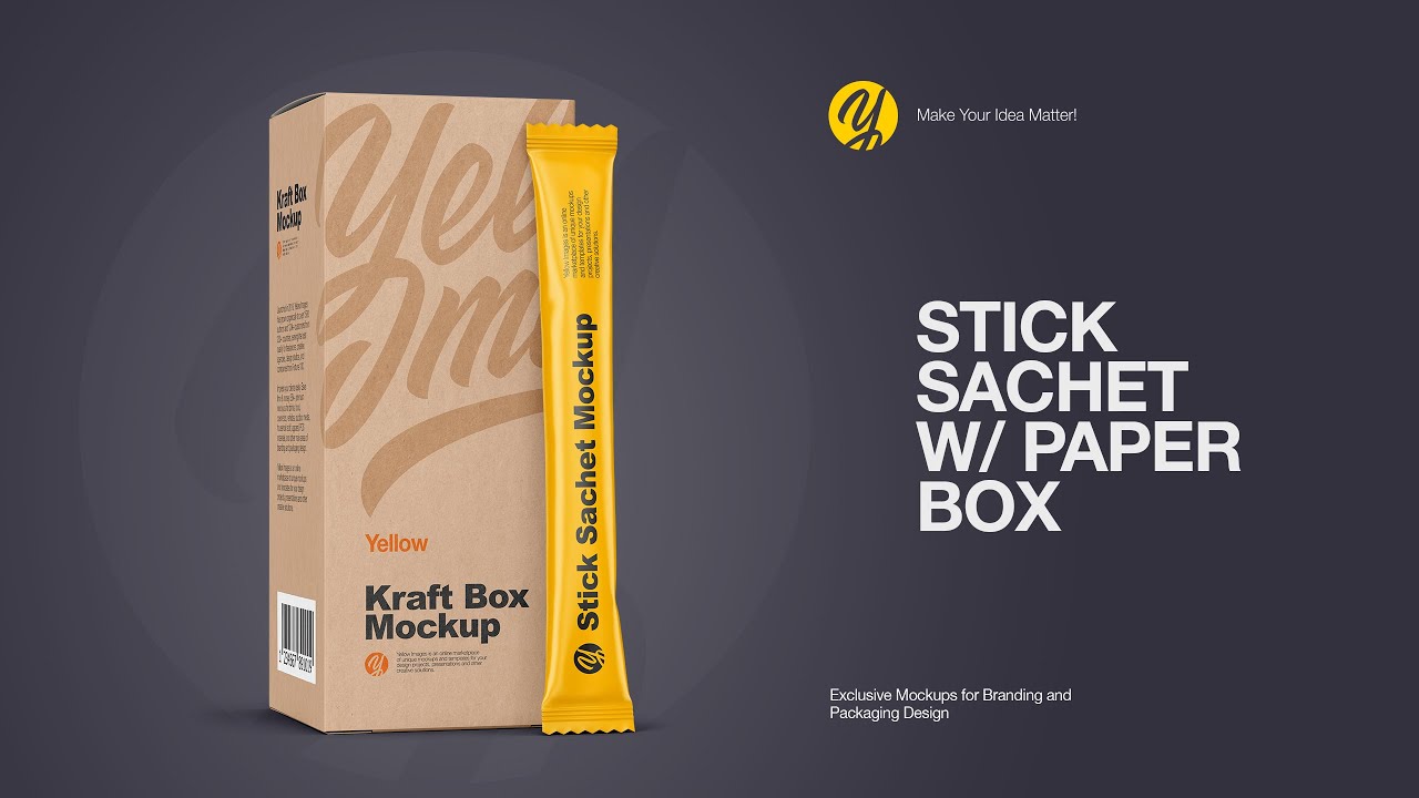 Download Kraft Stick Sachet W Paper Box Mockup In Box Mockups On Yellow Images Object Mockups
