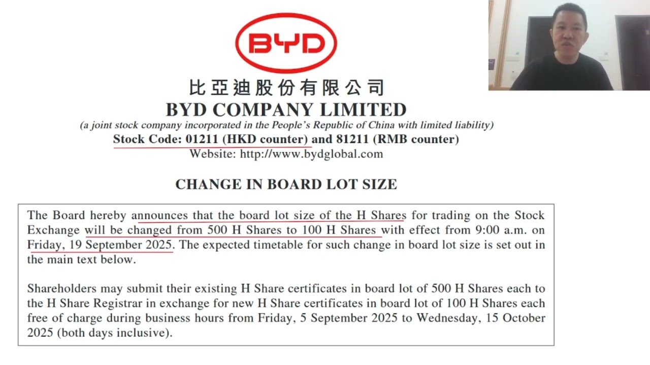 BYD 1211 HK Lot Size 500 becomes 100 Friday 19th September...
