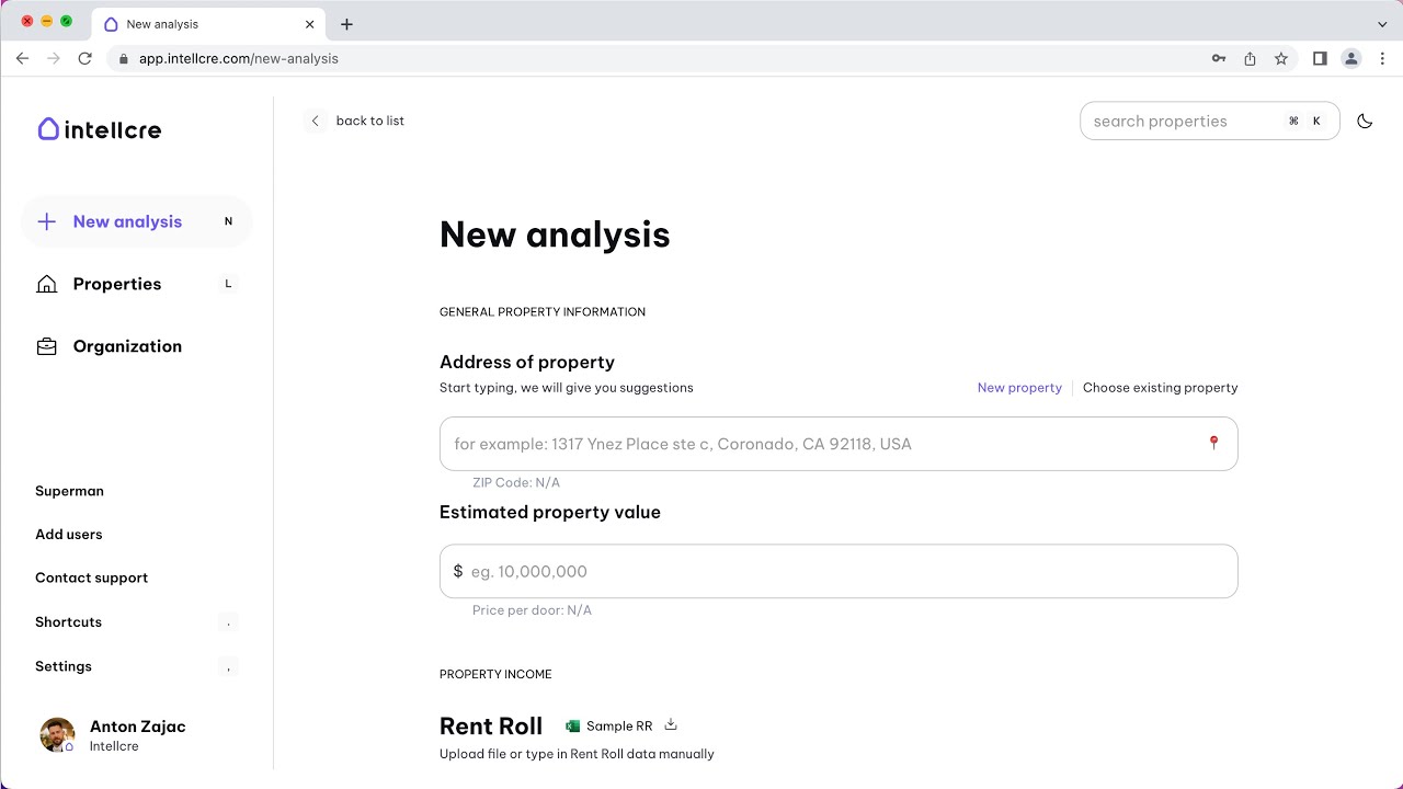Financial modeling of commercial real estate on the Intellcre platform
