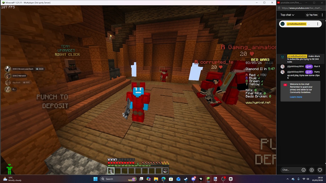 BEDWARS LIVE COME SAY HIII TRYING TO HIT 344 SUBS 8 AWAY!!!!!!!!!!