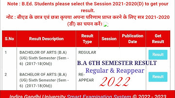 ba 6th semester result 2022, igu ba 6th sem result out 2022, BA 6th semester result kaise check kare