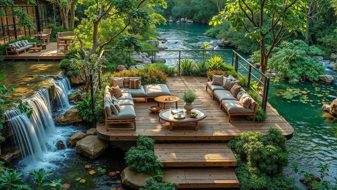 Calm Forest Waterfall Outdoor Coffee Jazz 🌿 Smooth Jazz with Nature Ambience for Relaxation