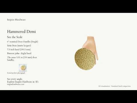 Video preview: Hammered Demi Lune, Solid Brass Half Moon Door Handles, Satin Brass Pair (matte lacquer) / 6" (4" C-C) / Pair