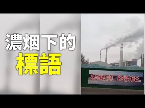网友：河南省三门峡市 滚滚浓烟下的遮羞标语：参与绿色行动，保护碧水蓝天