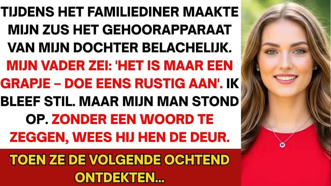 "Heb ik iets verkeerds gedaan?" fluisterde mijn zevenjarige dochter terwijl mijn zus lachte om haar gehoorapparaat en mijn vader het een 'grap' noemde. Ik voelde haar schouder tegen mijn arm...