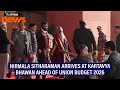 Budget 2026: Union Finance Minister Nirmala Sitharaman arrives at Kartavya Bhawan