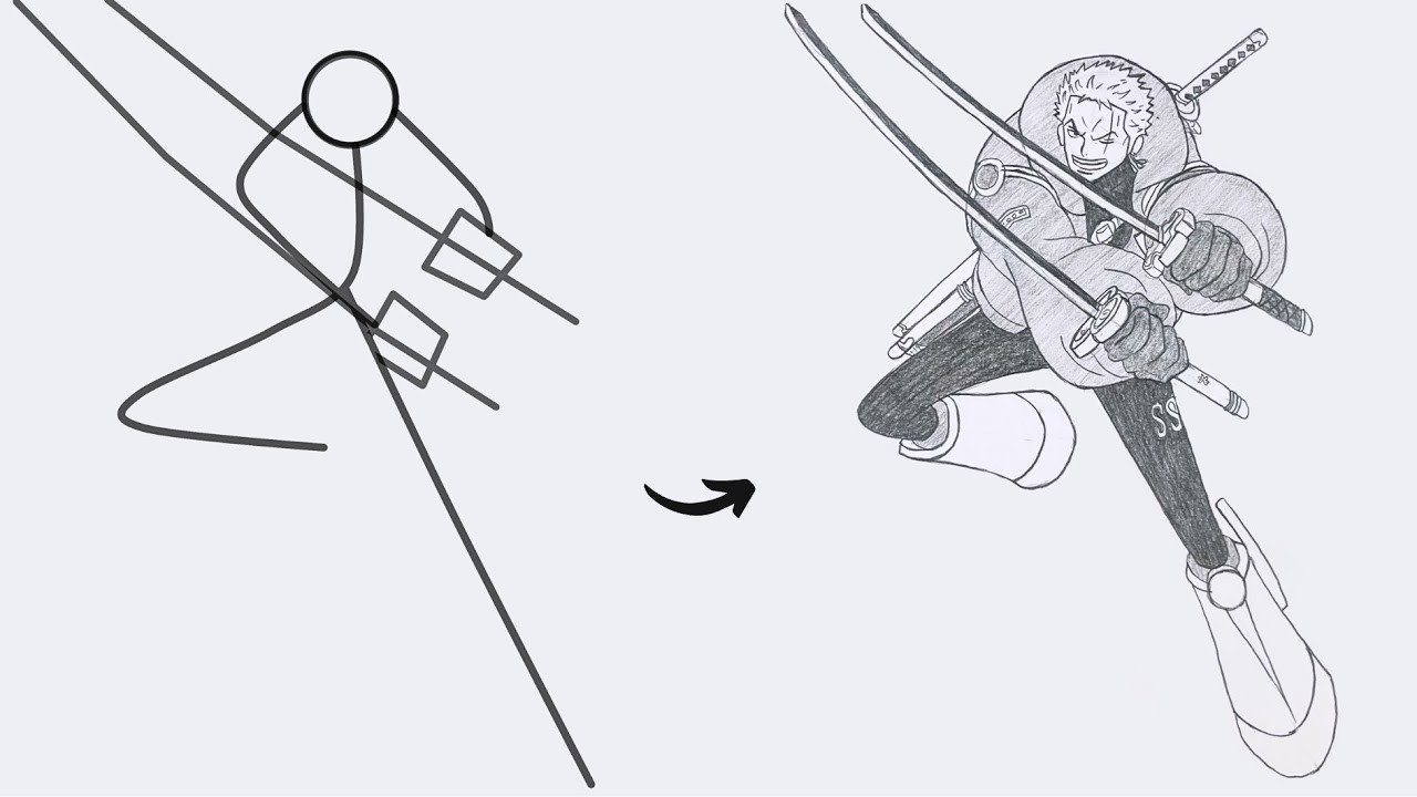How to draw Roronoa Zoro Full Body out of Stick Man | Easy Step by Step