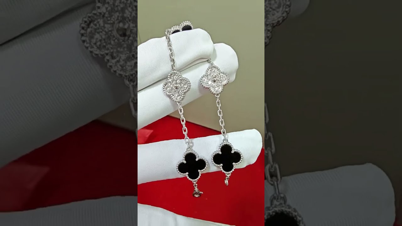 Custom Solid 18k Gold Van Cleef & Arpels Vintage Alhambra bracelet, 5 motifs, rhodium plated, onyx