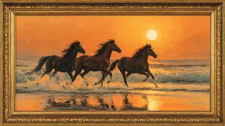 Old Money Aesthetic TV Art | Golden Hour Equine Majesty 3 Horses on Beach  Gold Frame | Screensaver screenshot 2