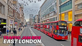 Riding a London doubledecker bus in traffic, from Central London to East London  Route 55