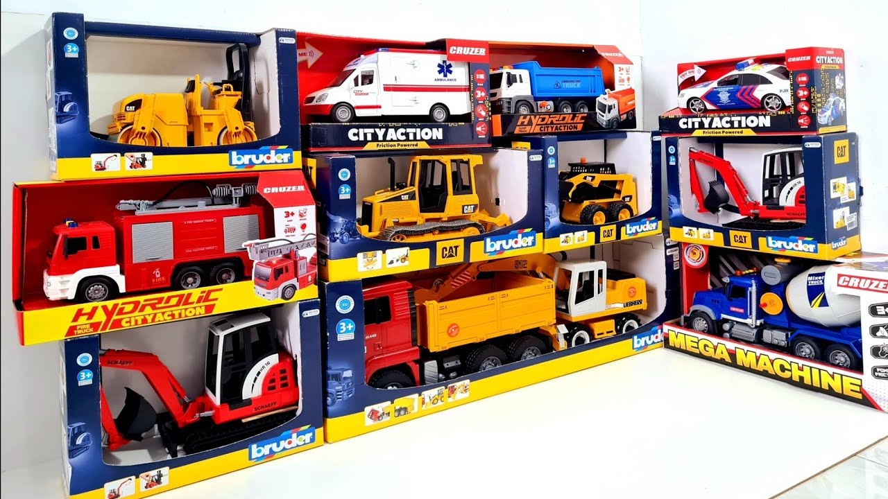 Construction vehicles toys unboxing, excavator, bulldozer, concrete