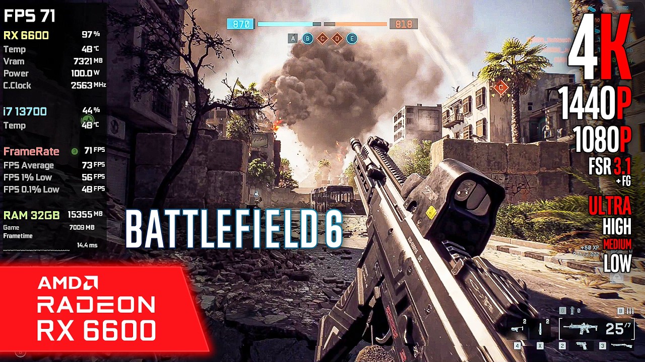 RX 6600 | Battlefield 6 - 4K, 1440p, 1080p, FSR 3.1 + FG - Ultra, High, Medium, Low