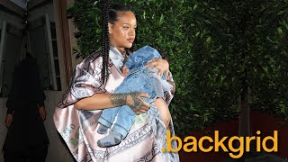 Rihanna shows off baby bump with son RZA in her arms arriving at Giorgio Baldi