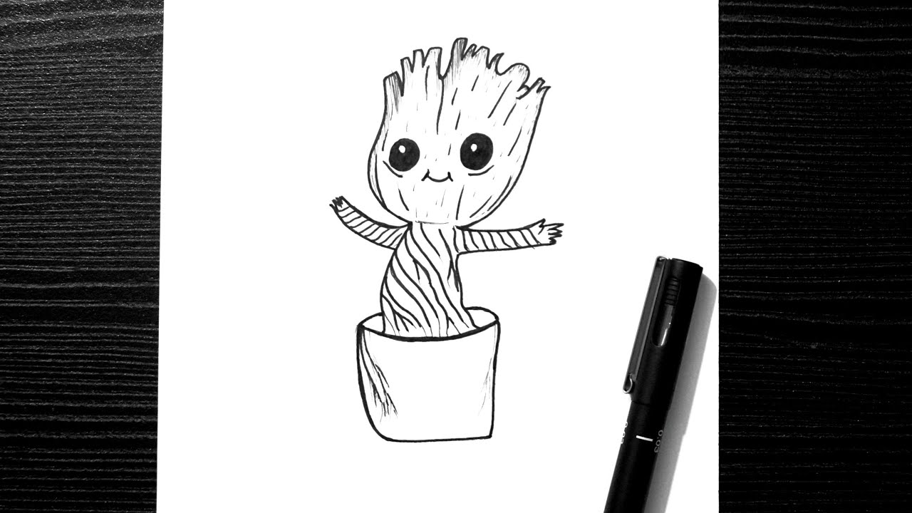 How To Draw Groot Draw Cute Baby Groot Step By Step Doodle Art Youtube