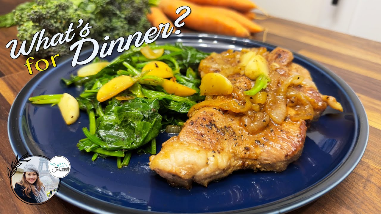 Caramelized Onion Pork Chops & Sautéed Spinach. Easy Work-night Dinner for 2!