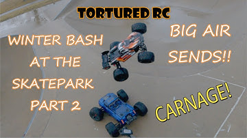 ARRMA KRATON 8S & OUTCAST 8S "WINTER SKATEPARK BASH PART 2" CARNAGE, HUGE AIR AND FLIPS. ROVAN TIRES