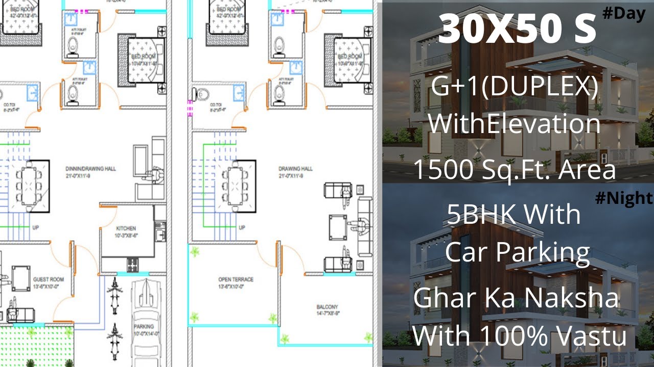 30x50 South Facing Duplex House Plan As Per Vastu | 1500 Sqft | 5BHK ...