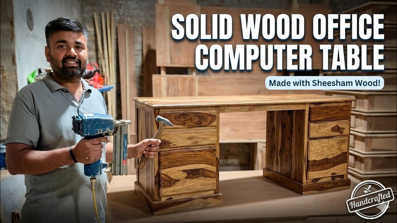 Sheesham Wood Floor Computer Table | Built-in cable management desk setup | with Basic Tools Only!