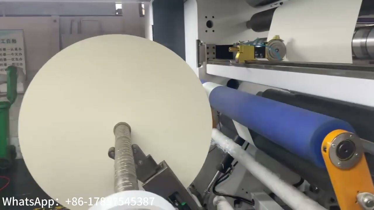 FQL-1600 high speed slitter rewinder，Video show slitting 300g paper cup bottom，Max speed  800m/min