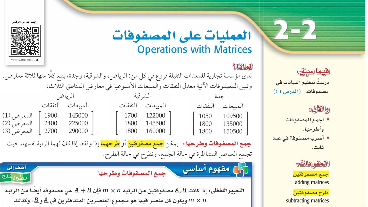 رياضيات ٢-١ ( العمليات على المصفوفات )