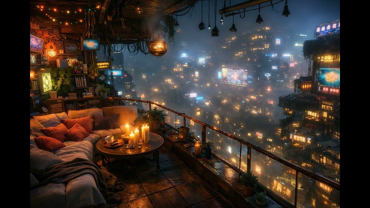 Cozy Cyberpunk Balcony Rain – 1 Hour Lofi Night City Ambience | Nova Prime
