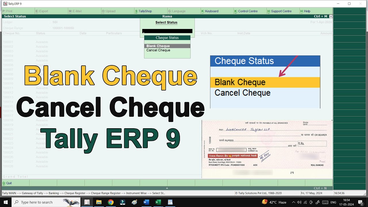 Blank Cheque and Cancel Cheque Entry in Tally ERP 9 || GBCTI | - YouTube